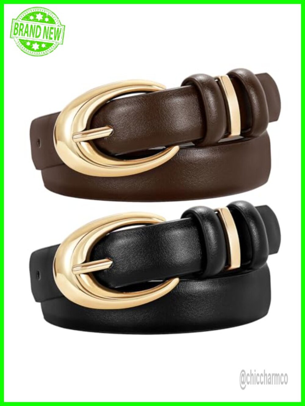 2 Pack Women Faux Leather Belts with Gold Buckle Slim Fit